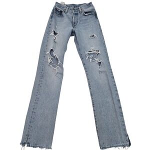 Levi's Premium 501 Jeans Thrashed Distressed High Rise Button Fly Raw Hem 23x32